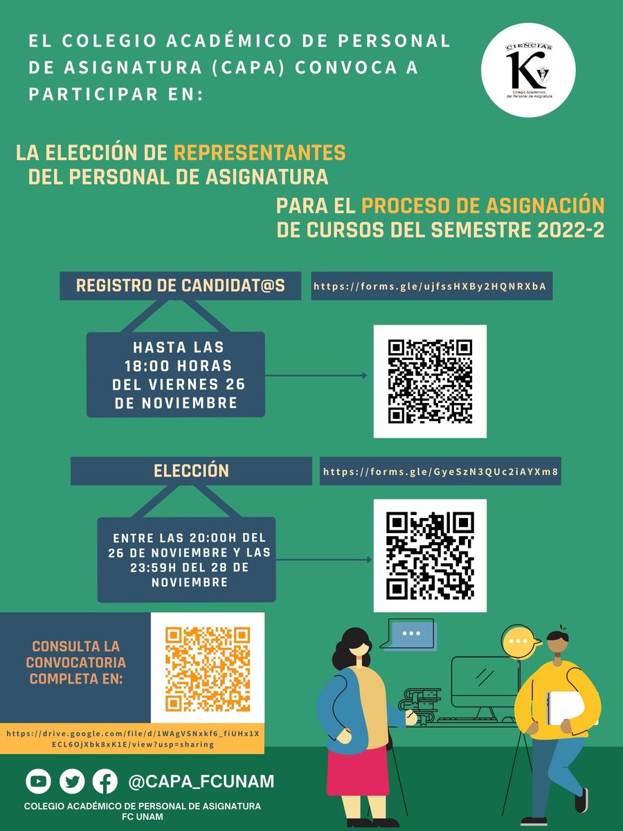 CAPA_FCIENCIAS's tweet photo. Participa en la elección de #representantes del personal de #asignatura para el proceso de asignación de cursos del semestre 2022-2.

Consulta la convocatoria completa en: https://t.co/ncgNqqt7pd... https://t.co/cAqWC6gP1j