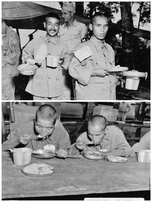 日本兵は戦陣訓の通り捕虜にならなかったと思うが実際はかなりの数の日本兵が捕虜になってた
写真は食事を摂る日本兵捕虜

米軍は日本兵は殺すより捕虜にした方がいいと考え方もあり
あの手この手で日本兵に降伏を促した
しかし、降伏した時に米兵に殺害された日本兵も多かった 