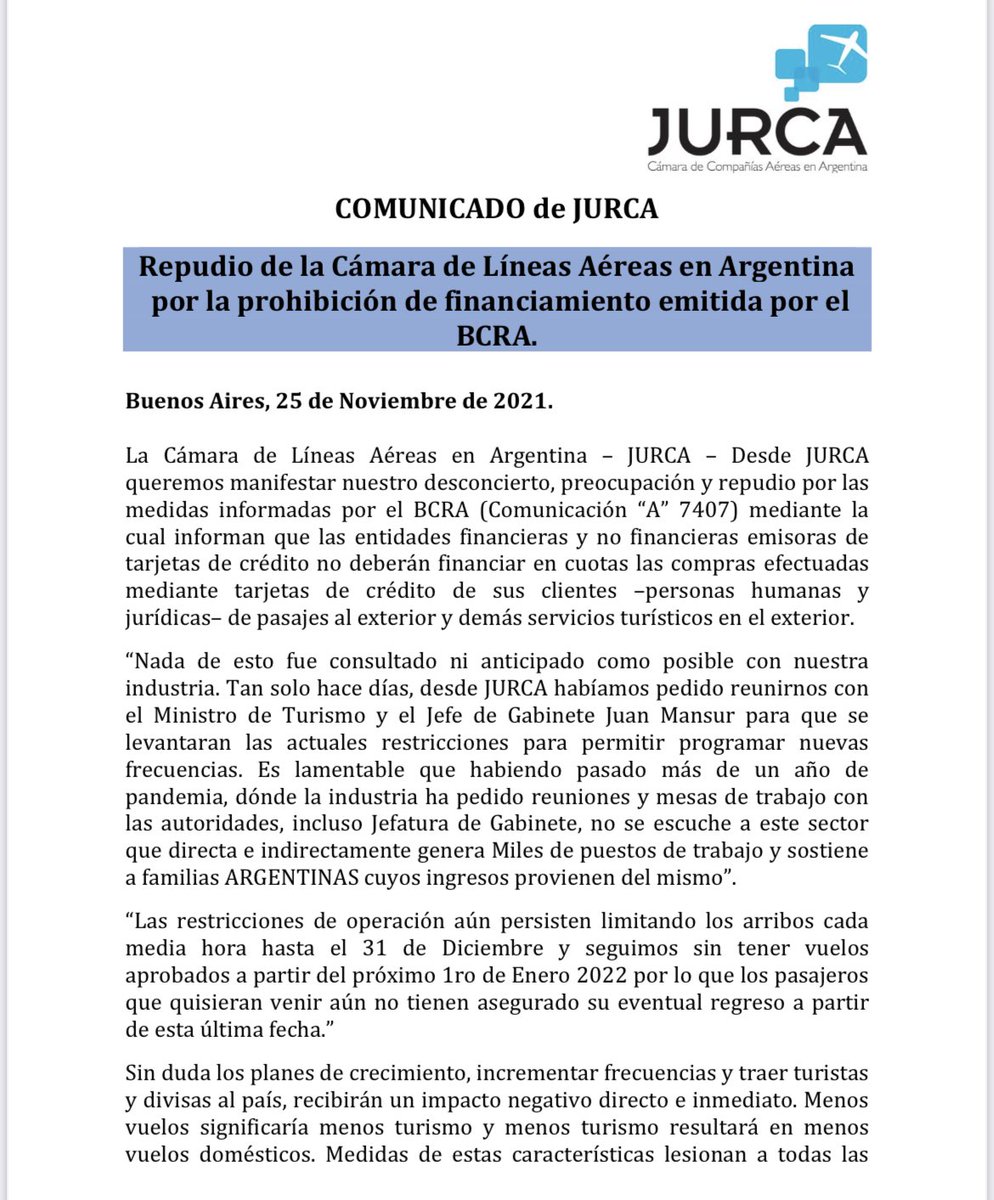 SirChandlerBlog's tweet photo. Repudio de la cámara de aerolíneas que operan en la Argentina a la nueva medida del BCRA https://t.co/tQxWt7pptp