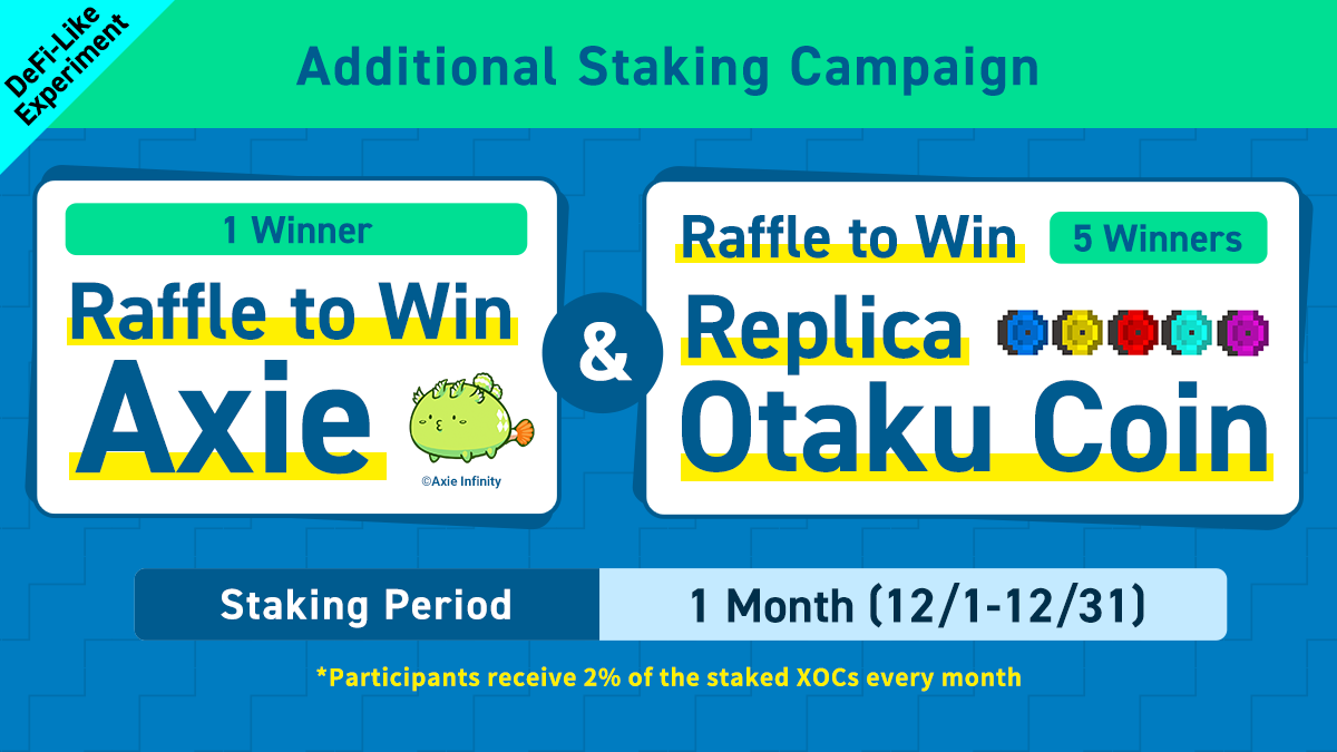 NFTTmarket_EN's tweet photo. Additional Staking Campaign✨
Staking chance for all users every 2 months😉
Stake your XOC and apply for Axie and Replica Otaku Coin lottery❗
The more you stake the greater the chance to win⏫
>Until the end of the month<
Apply from the official app
https://t.co/FVAdUlHo3m https://t.co/gu39OgMDDr