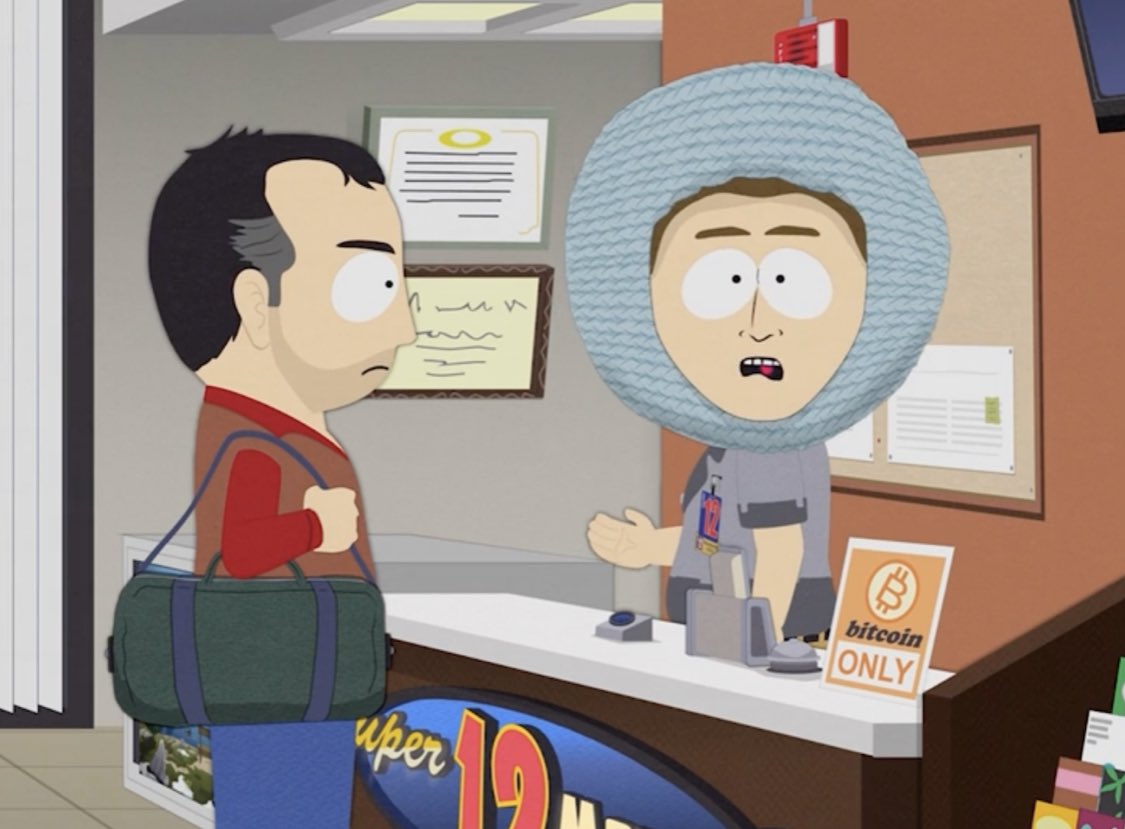 BitcoinMagazine's tweet photo. The future according to South Park: #Bitcoin only ✊ https://t.co/xNjW4r3HMX