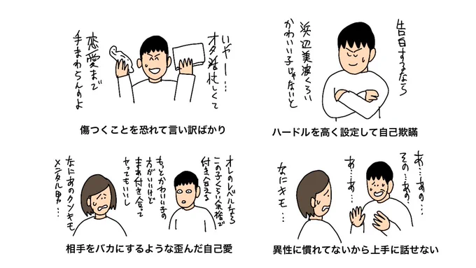 1位 相手をバカにするような歪んだ自己愛
2位 傷つくことを恐れて言い訳ばかり
3位 異性に慣れてないから上手に話せない
4位ハードルを高く設定して自己欺瞞

 #異性にモテない原因ランキング 