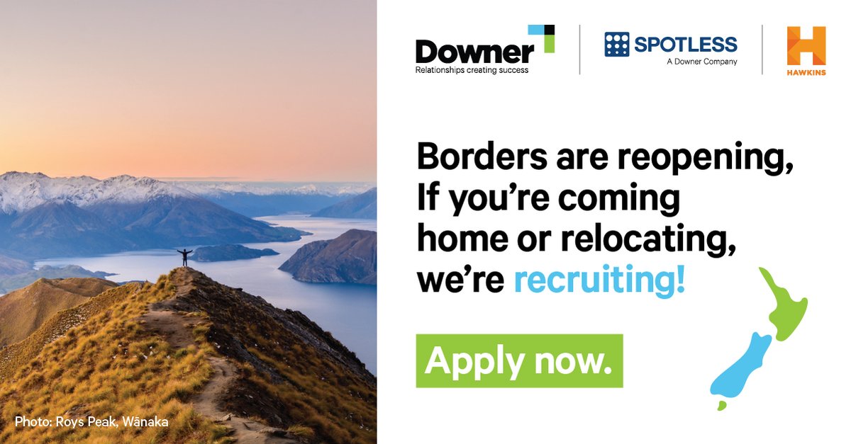 Passports and CV’s at the ready – New Zealand is reopening and we’re recruiting! If you’re moving back or relocating to NZ, come and be part of the Downer team. people.downer.co.nz
#recruitment #people #jobs #opportunities #newzealand #construction #engineering #applynow