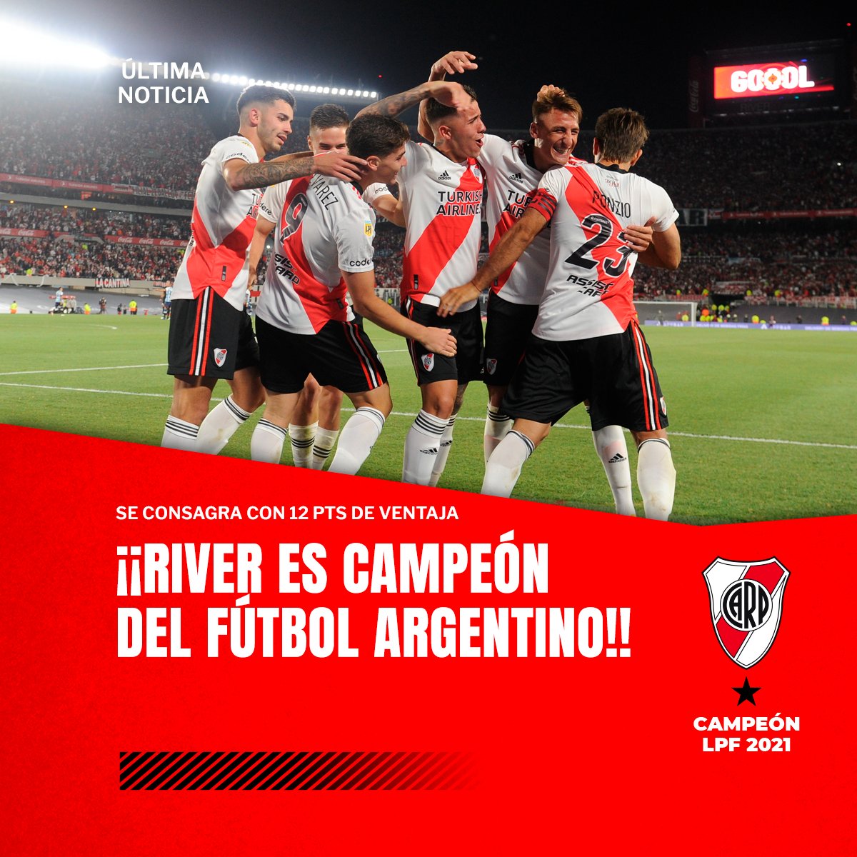 DiarioOle's tweet photo. ⚪️🔴 ¡¡RIVER CAMPEÓN!! 🏆

⚽️ El mejor, por lejos, del torneo: se consagra con 12 puntos de ventaja, a 3 fechas del final, siendo el equipo con más goles a favor y el que menos ha recibido.

😎 Masterclass del team de Gallardo. https://t.co/dlZsAkKiVo