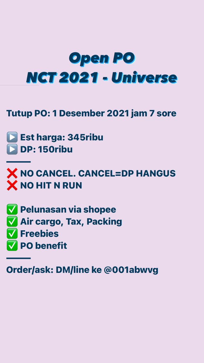halagoods's tweet photo. ‼️OPEN PO NCT 2021 - UNIVERSE‼️
————————
Tutup PO: 1 Des 21

▶️ Est harga: 345ribu
▶️ DP: 150ribu 

Langsung DM aja ya!!

Tags: nct 2021 nct universe nct dream nct u nct 127 wts album nct https://t.co/vGh2dqSS0r