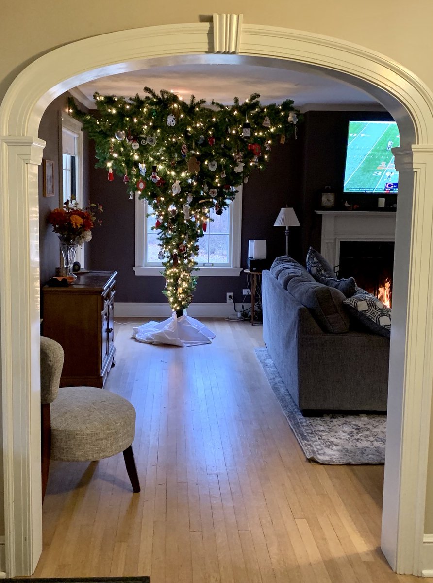 Trying out a new style of Christmas tree this year.  Upside down!!  Works fantastic!!  Plenty of room at the bottom for presents, only a few ornaments at dog level, ornaments are more visible, easier to walk around…..  🙂