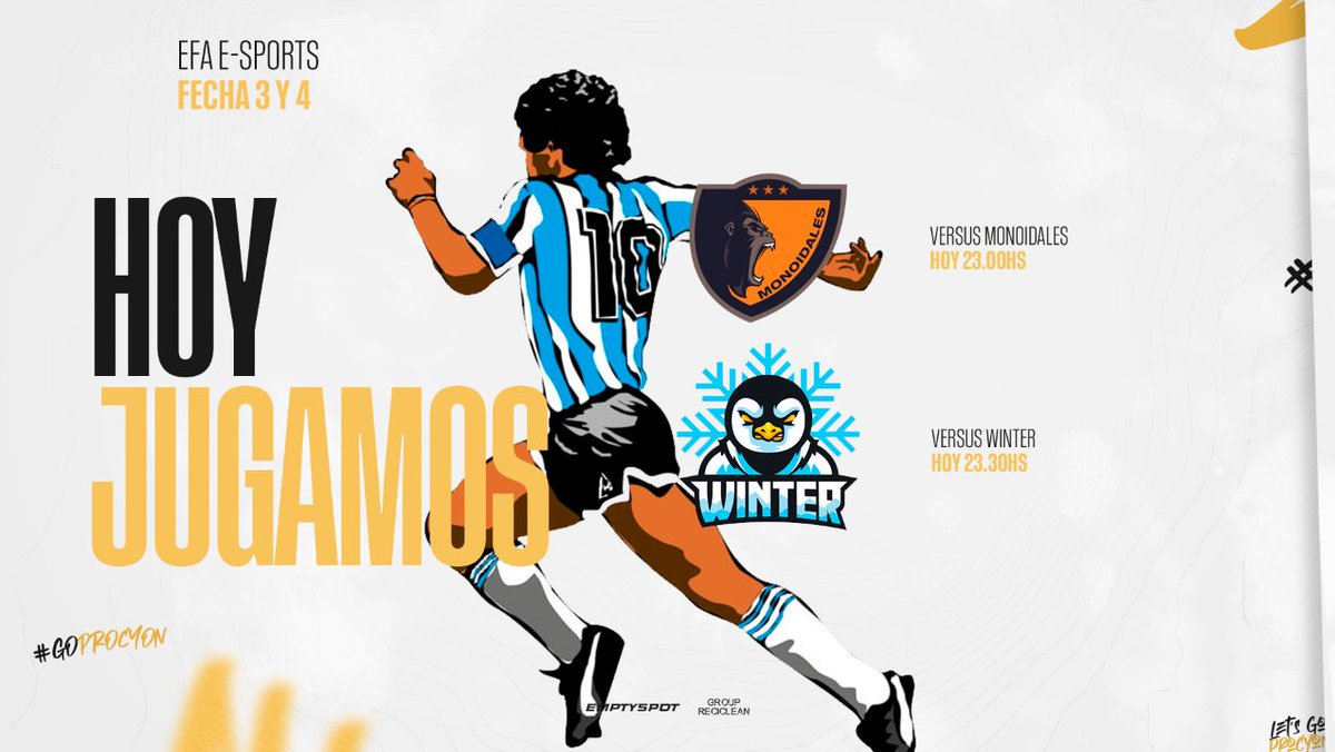 #FIFA🖥️ l MATCHDAY ⚽️

Hoy nuestra escuadra Hellfish estara enfrentándose en dos partidos claves en la PRIMERA DIVISION #3 de EFA E-SPORTS, buscando sumar puntos para liderarse primero en la tabla 😏

🆚Monoidales 23:00 HS
🆚Winter 23:30 HS 

#GoProcyon #GoHellfish