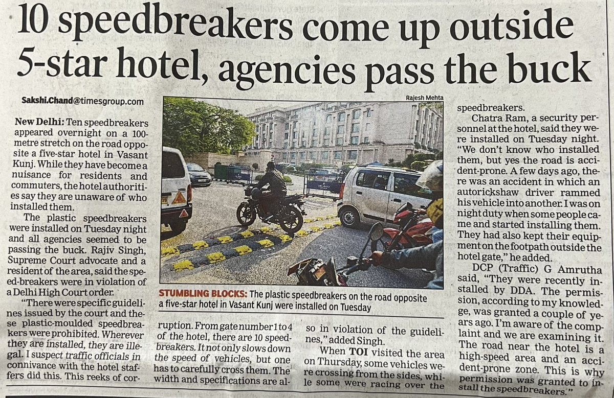 rajivsingh99's tweet photo. 100% illegal Plastic Moulded Speed Breakers in connivance with Delhi Traffic Police,DDA &amp; hotel authorities. We are initiating Contempt Proceeding against these officials @PMOIndia @HMOIndia @LtGovDelhi @CPDelhi  @DelhiTrafficPol @dcptsr @HardeepSPuri @TOIDelhi @ndtv https://t.co/glHyCKcaK3