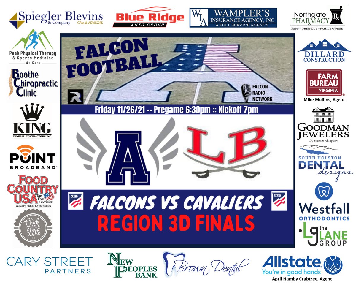 🏈 FALCON FOOTBALL GAMEDAY 
REGION 3D CHAMPIONSHIP
(2)<a href="/AbingdonHigh/">Abingdon High School</a> vs (5)<a href="/LBHS_Cavaliers/">Lord Botetourt High</a> 
📅 Fri, 11/26/21⏰ Pre-6:30pm Kickoff-7pm
📍 Falcon Stadium
📺 NFHS Network: tinyurl.com/AbingdonNFHS
🎙Spreaker: spreaker.com/show/falconrad…
<a href="/JeffJohnskn/">jeff johnson</a> <a href="/CoachLB/">Chuck Pound</a> <a href="/AmburgeyCoach/">GarrettAmburgey</a> <a href="/CoachHarless55/">Coach Harless</a>