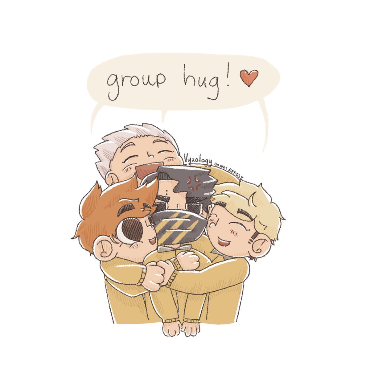 vyxology's tweet photo. MSBY4 group hug! 💛

#haikyuu #miyaatsumu #hinatashoyo #sakusakiyoomi #bokutokoutarou https://t.co/yEP0581hWt
