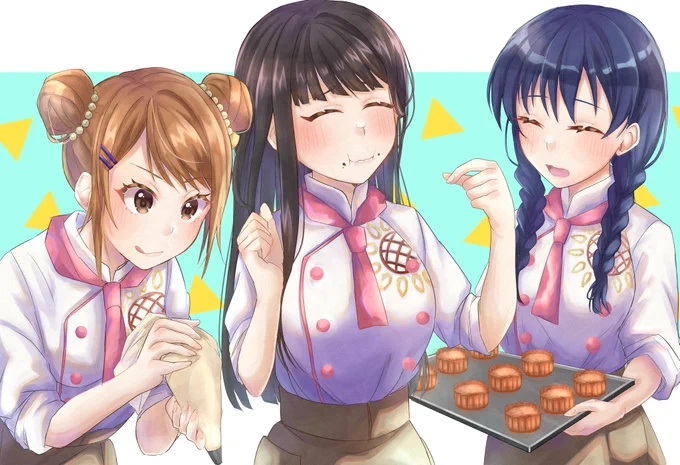 いつかに描いたおいしいものクラブは3人入りきらない構図にしてしまったのが悔いだったのでこのお題はいい雪辱戦でした。でもやっぱり3人はきついででも許すで#八月のシンデレラナイン#ハチナイ#永井加奈子#新田美奈子#近藤咲 
