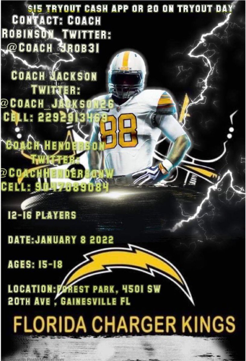 coach_jrob31's tweet photo. Any North Central Florida player from the class of 23 and down. Got a 7v7 team brewing with great Gem players looking to gain more exposure. Well here’s your chance. Got a 15u and 18u going‼️ #FloridaChargerKingz @ELite1Preps @larryblustein https://t.co/FayFr9qr73