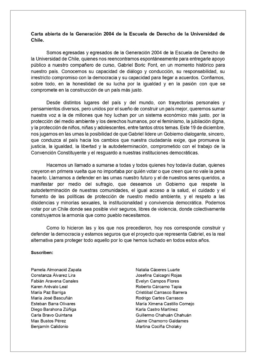 chimangod's tweet photo. Carta abierta al pueblo de Chile de parte de los compañeros de curso de @gabrielboric en la Facultad de Derecho de la Universidad de Chile. #BoricPresidente #Seguimos #TodosConBoric #CompañerosdelaUporBoric https://t.co/kfURJyiWRE