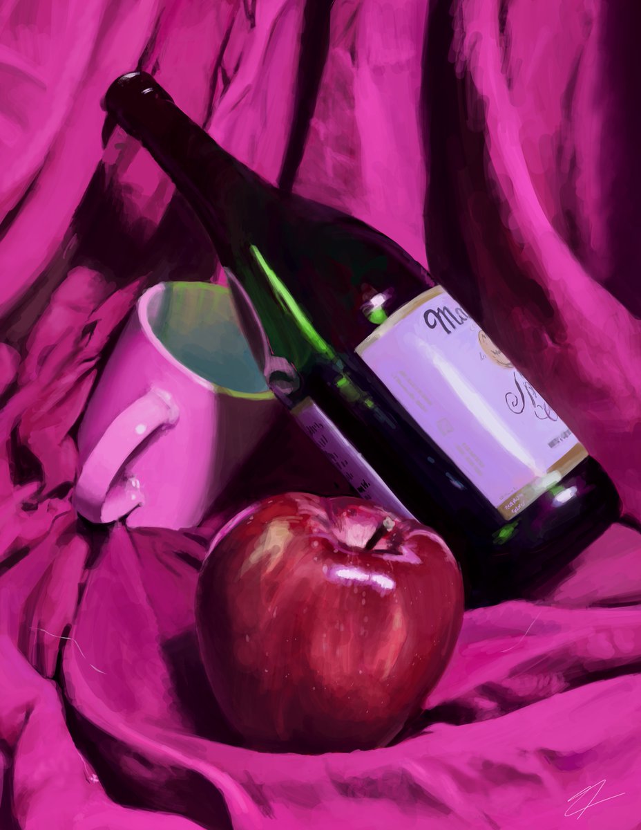 sketchyfrogg's tweet photo. Very different kind of post, but here is a still life digital painting I did for one of my classes! 🍎☕️🍾 https://t.co/a7Gd4MMkhV
