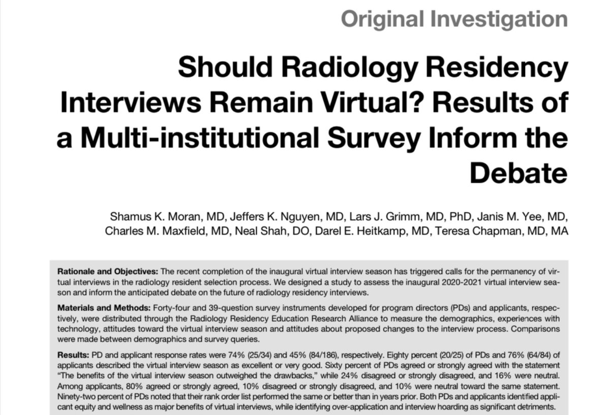 📄 In Press:

“The virtual interview provides an adequate substitute for the conventional in-person residency interview, with real and perceived benefits to applicant wellness, equity, and financial well-being.”

academicradiology.org/article/S1076-…