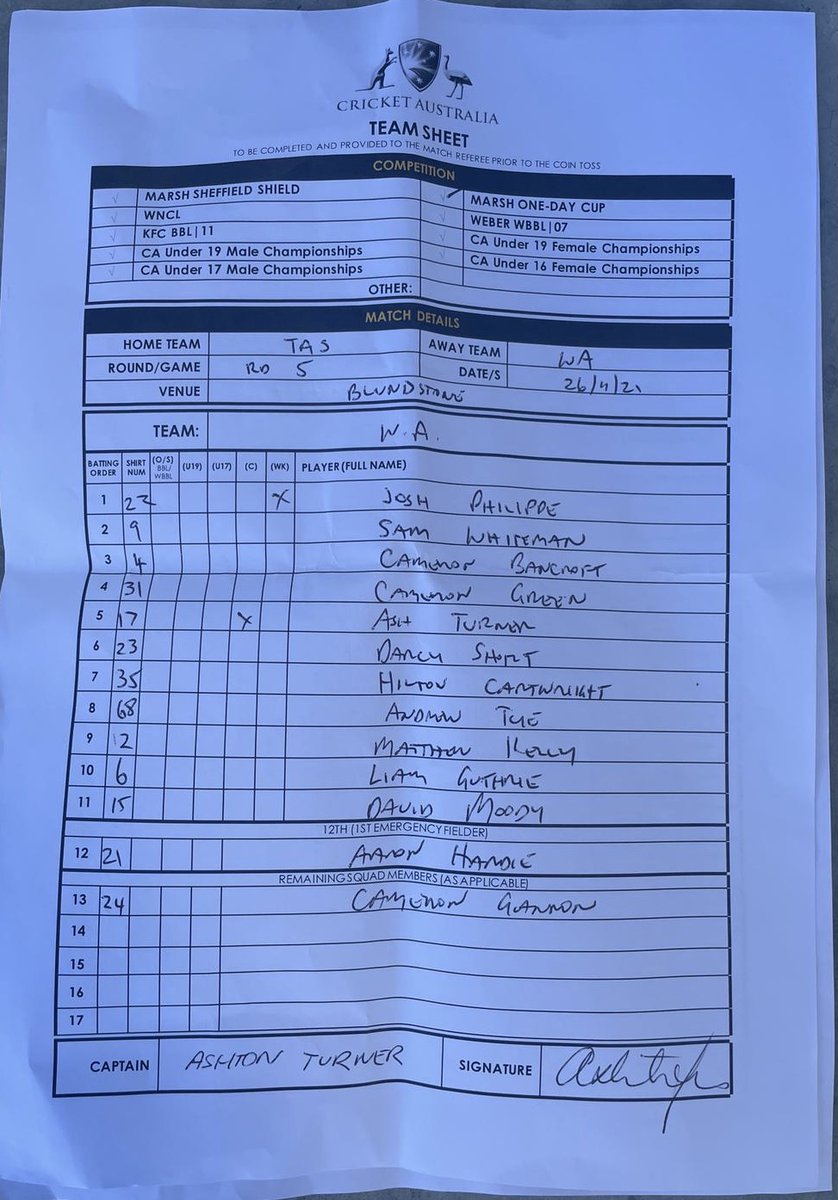 WACA_Cricket's tweet photo. Two changes to our 1⃣1⃣ for today's #MarshCup match against Tassy, with Sam Whiteman and David Moody the inclusions 💪The Tigers won the Toss and will bowl first in Hobart. 📺Kayo + Fox Cricket + https://t.co/iEvSg2nhqS #WESTISBEST #TASvWA https://t.co/fgTgZwIhxD