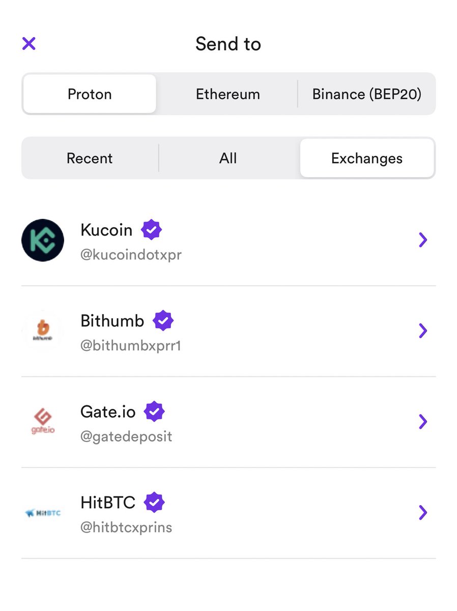 ProtonRoad's tweet photo. This is great! The new $XPR #XPR ⚛️ #Proton Wallet will have an option to click on Exchanges to send to, and they will be verified so that you can safely send to the correct address

Also, as you can see, you’ll have the #ETH Ethereum and #BNB Binance chain options to send on https://t.co/8Q6oRt0KlP