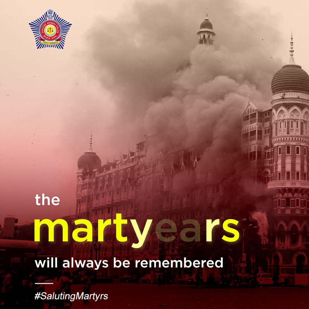 MumbaiPolice's tweet photo. We will forever carry their unyielding spirits in our hearts.
Their sacrifice will always be remembered.

#MumbaiAttacks #MumbaiTerrorAttack #2611Attack #SalutingMartyrs https://t.co/UdH05xOkRE