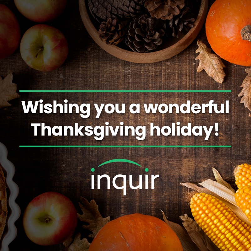 Inquir9's tweet photo. We're thankful for so much this year -- including our amazing team, incredible lead Partners and pumpkin pie.  Wishing you and yours a beautiful holiday!

#inquir https://t.co/W0hNBsOE4i