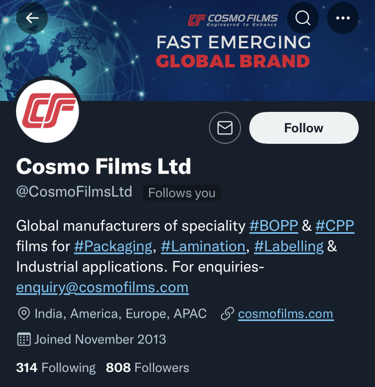 subi_sa's tweet photo. It’s great to be followed by @CosmoFilmsLtd 😀
#CosmoFilms is top holding in my #portfolio & also top return in terms of value
#BOPP #Packaging #SyntheticPaper #Petcare #Lamenation #Labeling https://t.co/bNpKaj26gq