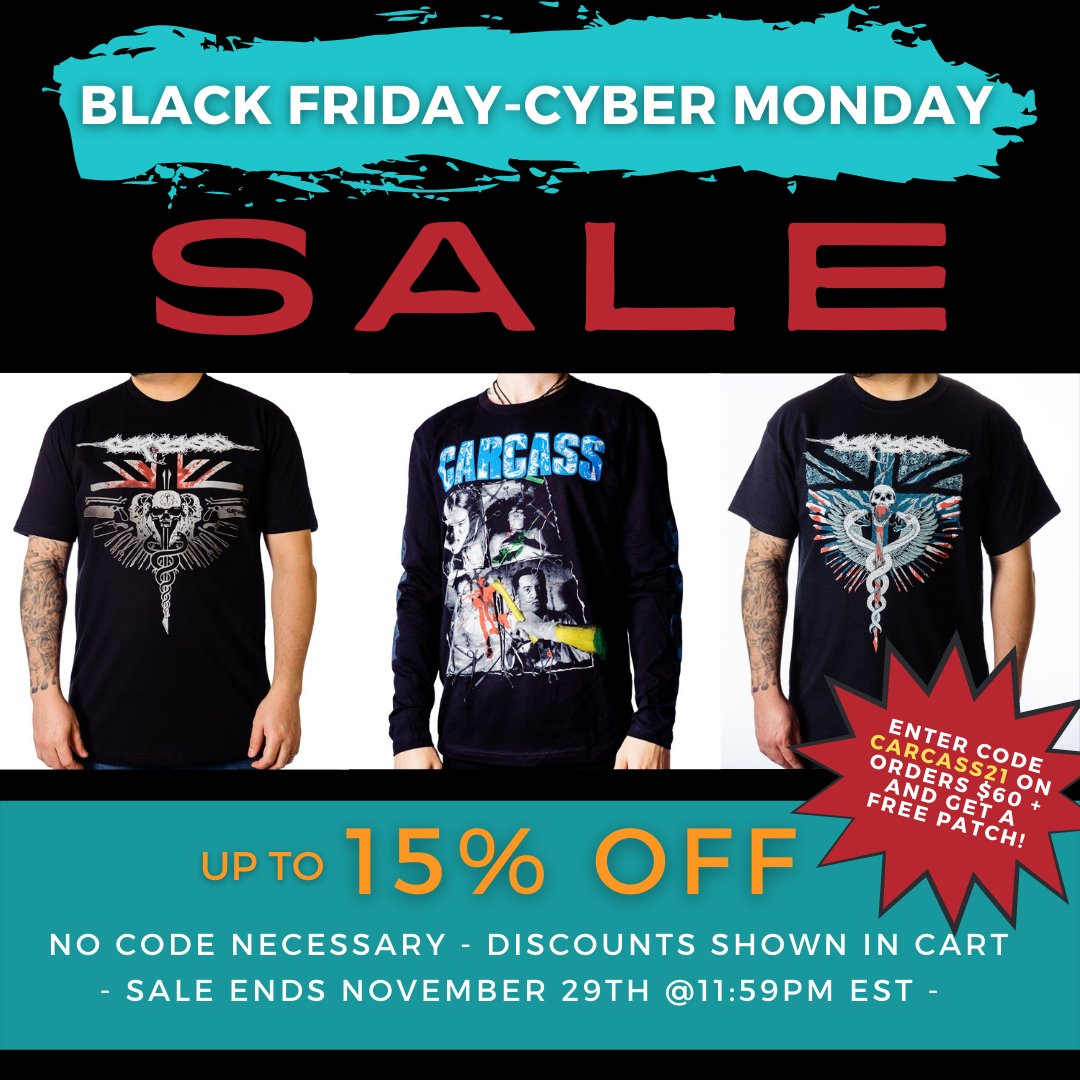 Get 15% off select merch at our Rebellion Republic store from now until Nov. 29th, 11:59 PM EST No code needed - discounts will appear at checkout. *Order $60 or more and get a free Patch when you enter code CARCASS21 at checkout. *while supplies last rebellionrepublic.com/products/brand…