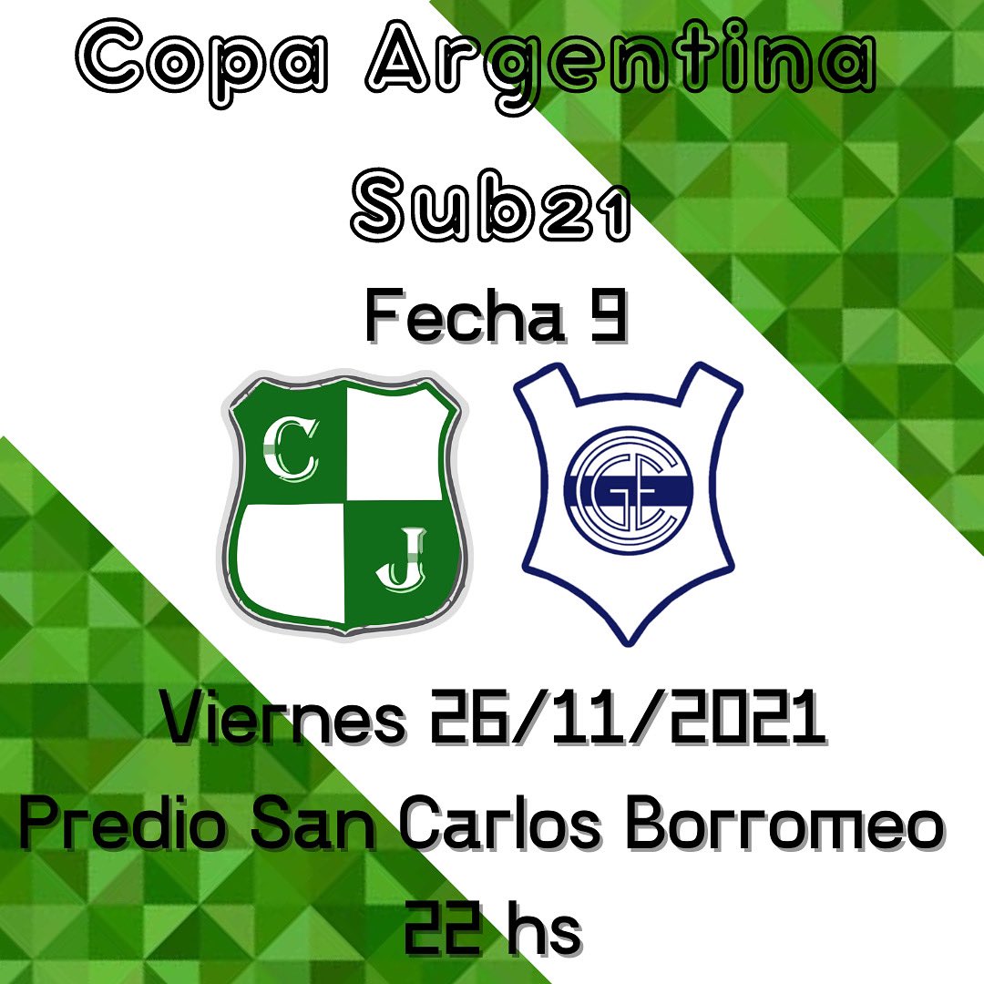 🏆COPA ARGENTINA SUB21.
✔️ FECHA 9
✔️ vs <a href="/FutsalCGE/">GIMNASIA FUTSAL</a> 
✔️ Predio San Carlos Borromeo
✔️ 22 Hs. 
.
.
#SomosJuvencia 🇳🇬