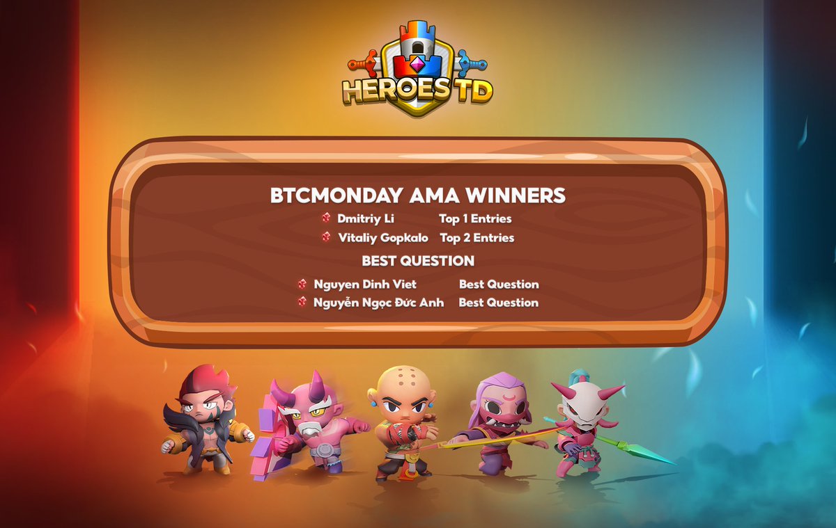 heroes_td's tweet photo. Thank you to all Heroes for the success of our AMA - BTCMonday x HeroesTD.
✅ Join and Claim Bounty: https://t.co/qUyo7gg4CG
✅ Get IDO slot on Discord: https://t.co/Z3zsIHfo2j
#heroestd #nftgame #btcmonday https://t.co/ttHecLiaLp