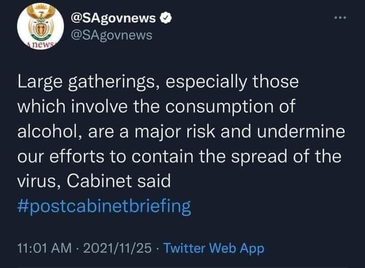 IAmNkosenye's tweet photo. Covid is one smart virus that can differentiate between political gatherings and alcohol gatherings

#COVID19 #4thWave #lockdown #FamilyMeeting #EFFPresser https://t.co/wh7skP1tau