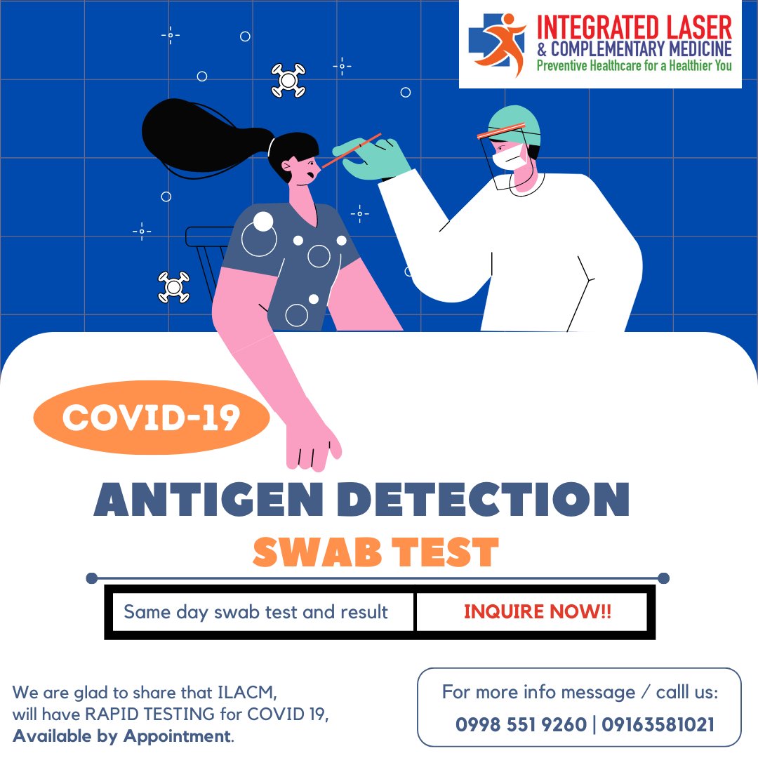 LaserIntegrated's tweet photo. This coming December, worry no more when it comes to your upcoming events, family gatherings and functions. ILACM will be having its ANTIGEN SWAB RAPID TESTING with result on the day, available for any occasions, to make sure that everyone is safe while having fun.
INQUIRE NOW.. https://t.co/rggHaxS8ii