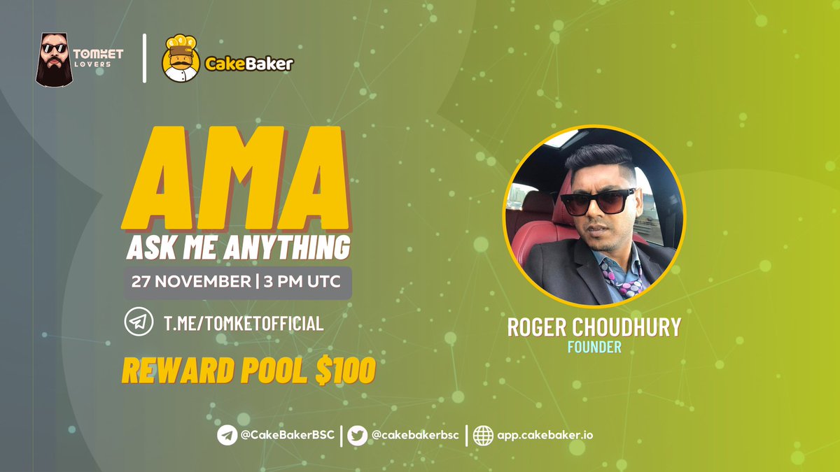 TomketLovers's tweet photo. We will be holding an AMA with

Cake Baker will hold an AMA at Tomket Community
AMA Timing : Nov 27 22:00 WIB || 03:00 PM UTC
Reward Pool : 
100$
Rules AMA: 
1. Join Group
https://t.co/EIpCeXIpWW
https://t.co/wexiJkwTnP
2. Twitter
https://t.co/9zkqMaQtNh

#AMA https://t.co/oKOTpgCtvR