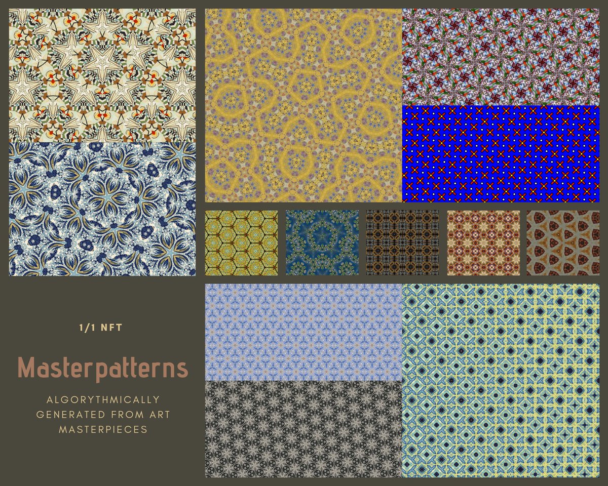 Gekyri7's tweet photo. @NFTMillionaire The first 20 minted #Masterpatterns created algorythmically from art masterpieces, are now @opensea. Please take a closer look and tell me your opinion. Do the patterns have the feeling of the original painting? #OpenSeaNFT
#NFTs #nftart #NFTartists
https://t.co/ovp3SpJAux hl https://t.co/r3Vu10nosI