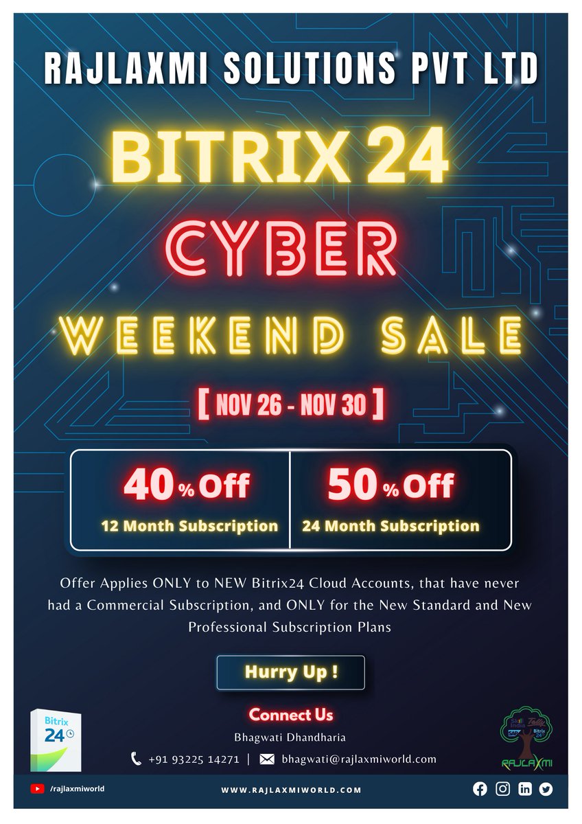 rajlaxmiworld's tweet photo. Bitrix24 Cyber Weekend ⚡️ Sale
Give Us a Call
Bhagwati Dhandharia
Rajlaxmi Solutions Private Limited
Mobile : +91 9322514271
#cyberweekendsale #bitrix24cyberweekendsale
#cyberweekend #holidaysale #bitrix24 #bitrix24crm
#bitrix24team #bitrix24fall #bitrix24partners #bitrix https://t.co/JjOT3YOKp6