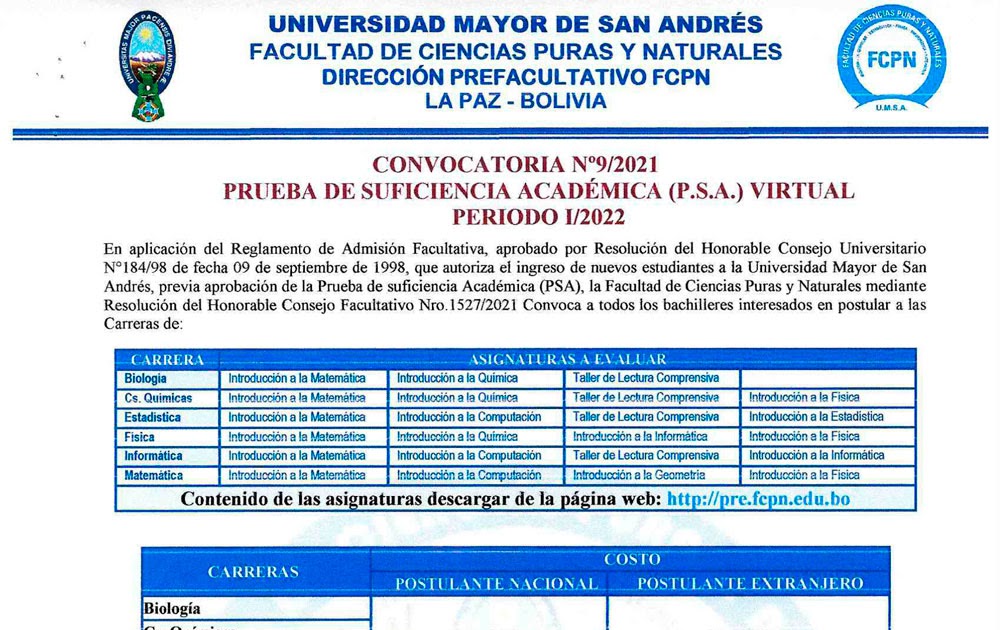 UMSA 2022: Convocatoria a la Prueba de Suficiencia Académica (PSA) Virtual 1/2022 de la Facultad de Ciencias Puras y Naturales dlvr.it/SDClGp