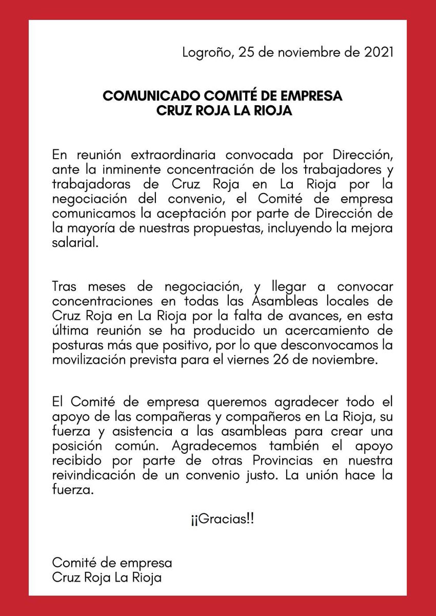 CcooCruz's tweet photo. Comunicado del Comité de Empresa de Cruz Roja en La Rioja,representación mayoritaria de CCOO. https://t.co/5pvJwBA5VM