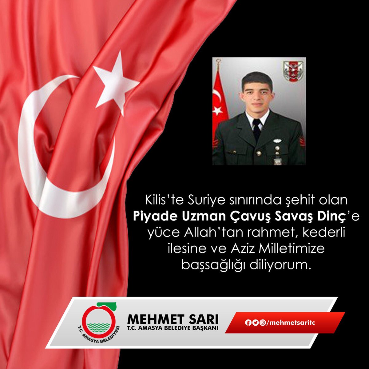 mehmet sari s tweet kilis te suriye sinirinda sehit olan piyade uzman cavus savas dinc e yuce allah tan rahmet kederli ailesine ve aziz milletimize bassagligi diliyorum trendsmap