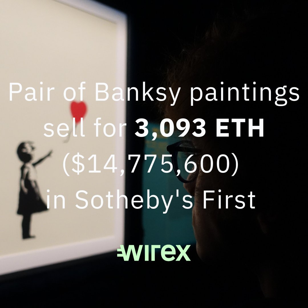 wirexapp's tweet photo. A pair of paintings by #Banksy have sold for 3,093 $ETH, making it world famous auction house @Sothebys's first sale denominated in #cryptocurrency. History in the making. 

Full article via @CoinDesk 
https://t.co/hpKxuXMcIa https://t.co/BAJE4VEuhY