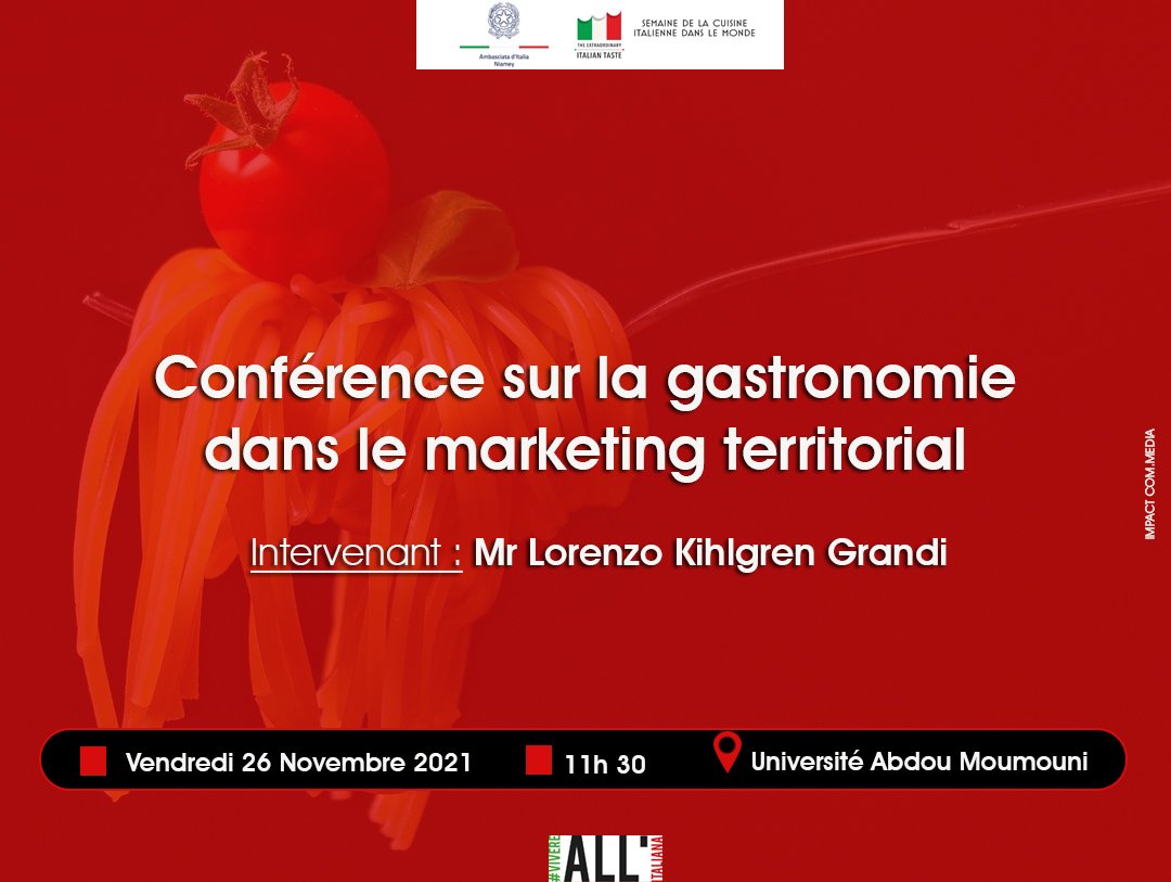 Ne manquez surtout pas pas ce vendredi 26 à 11.30h à l’Université #AbdouMoumouni, faculté #Agronomie, la conférence sur sur la gastronomie dans le marketing territorial avec le professeur <a href="/KihlgrenGrandi/">Lorenzo Kihlgren Grandi</a>
#semainedelacuisineitalienne
<a href="/ItalyinNiger/">ItalyinNiger</a> <a href="/INNAKARANTA/">Inna KARANTA</a> <a href="/oumou_kane/">O.K❤🧡</a>