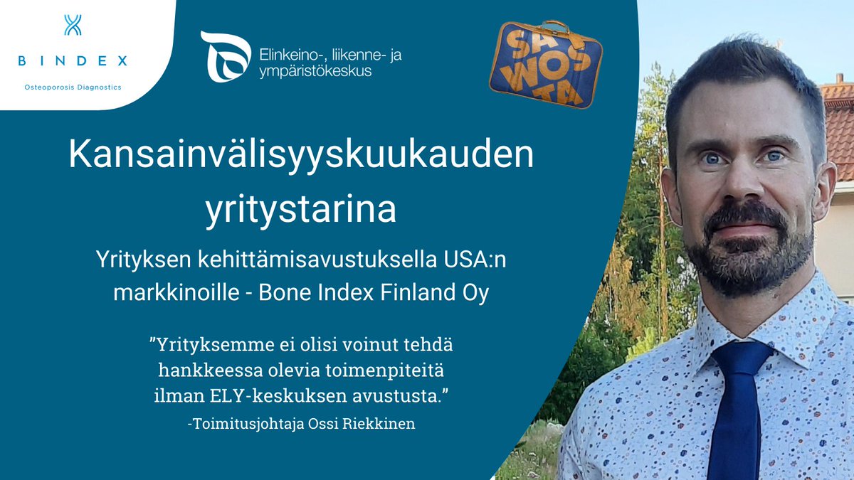 Kansainvälisyyskuukauden yritystarinoissa alueen kv-markkinoille tähtääviä yrityksiä, jotka ovat saaneet ELY:ltä avustusta. Osteoporoosin seulontalaitteita valmistava Bone Index keskittyy USA:n markkinoihin. #sawostamaailmalle #puhettarahasta #elykeskus ely-keskus.fi/-/boneindex