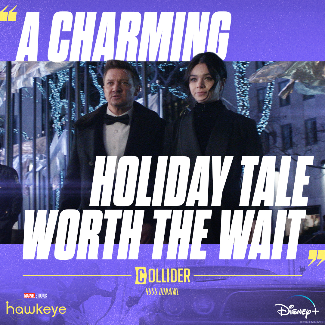 hawkeyeofficial's tweet photo. “A charming holiday tale worth the wait.” The first two episodes of Marvel Studios’ #Hawkeye are streaming now, only on @DisneyPlus. https://t.co/DwXYSllOIR