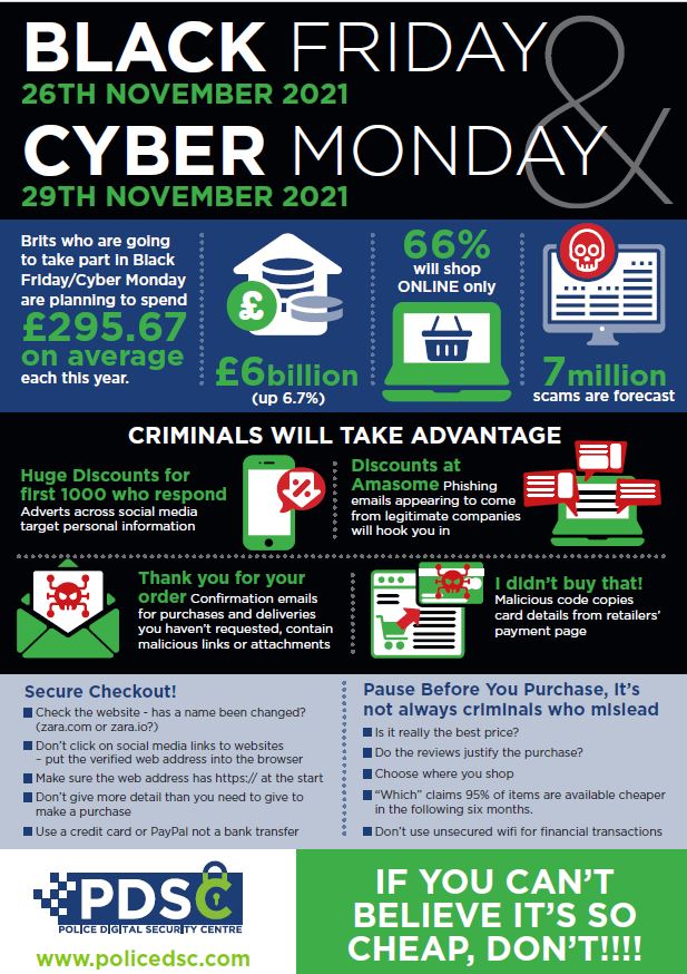 PoliceDSC's tweet image. It’s #BlackFriday today.  It’s important to remain vigilant of those “too good to be true” offers - stay safe online with our #CyberSecurity advice.  Remember, if it looks too good to be true, it probably is. #FraudFreeXmas