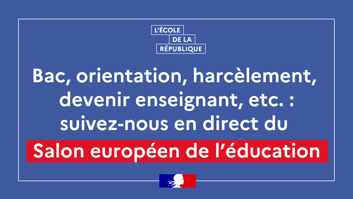 education_gouv's tweet photo. #SalonEduc du 26 au 28 novembre, à Paris porte de Versailles 📍
Venez-nous rencontrer ou suivez nos conférences en direct tout au long du salon sur https://t.co/Bep7MduHlq et https://t.co/4xJCWomHD1 
Nous parlerons #orientation #Parcoursup #Bac #harcèlement #engagement #sport etc https://t.co/iqcAaqTJRL
