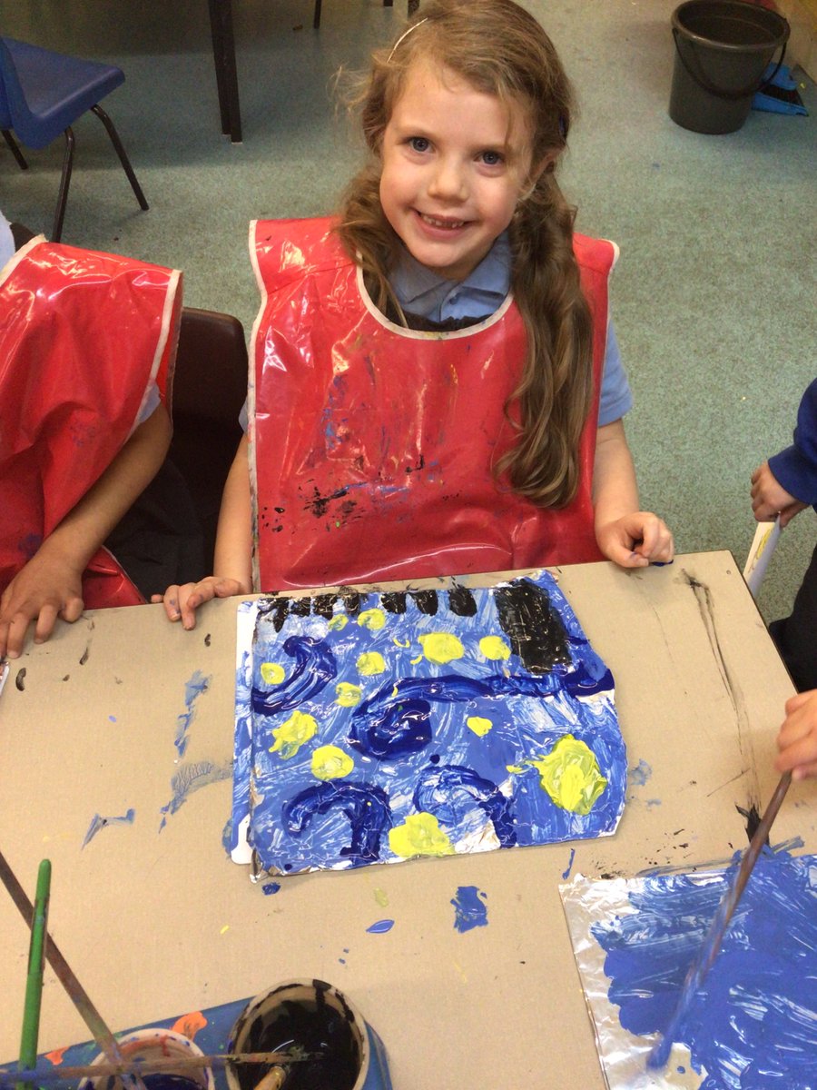 BlueClassBEFS's tweet photo. We enjoyed creating our own ‘A Starry Night’ paintings  inspired by the artist ‘Vincent Van Gogh’. We thought about the colours we needed to paint for the sky, moon, stars and houses, as  well  as  using  a  swirl  technique too. Beautiful art work, well done Blue Class!🌟🌠 https://t.co/f5F4zgt1Vn