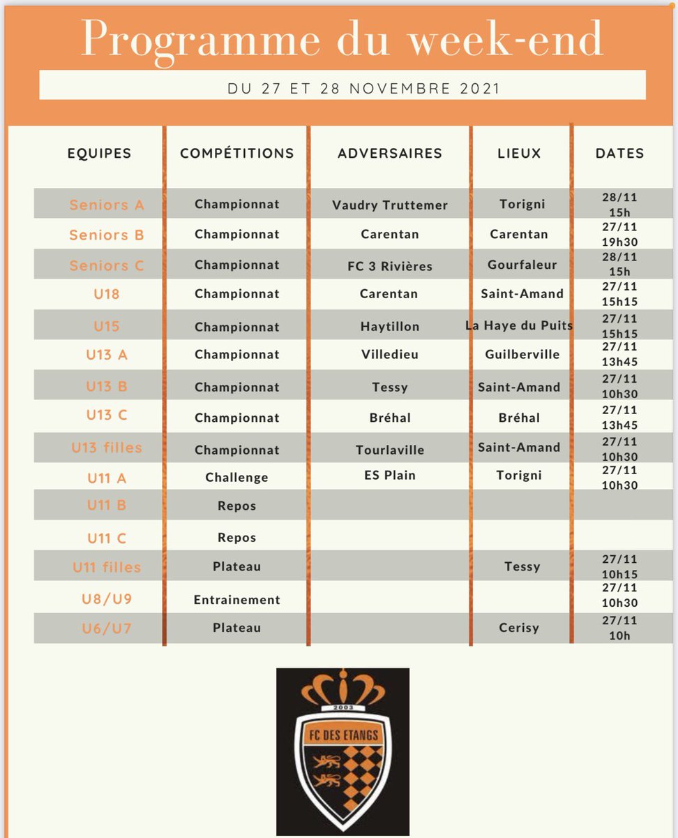 ⚽️PROGRAMME DU WEEK-END⚽️

De beau match en perspective ce week-end pour l’ensemble de nos équipes❗️

❌ Report du match U15 de ce week-end dû au Covid pour le club adverse