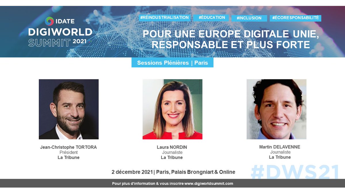 [Partenaires #DWS21🌐]
👋 Durant le #DWS, nous sommes accompagnés par <a href="/LaTribune/">La Tribune</a>, le média économique des métropoles !

Merci à <a href="/jc_tortora/">Jean-Christophe TORTORA</a>, Président, <a href="/LauraNordin75/">Laura Nordin</a> et Martin Delavenne, journalistes, qui modéreront les tables rondes.

Inscriptions 👉  digiworldsummit.com