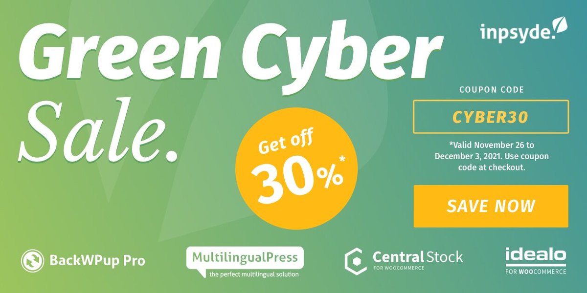 syde_gmbh's tweet photo. Our Green Cyber #Sale has started! 🍃 Get 30% #Discount 💰 on our #WordPress #Plugins #BackWPup, #MultilingualPress, CentralStock for #WooCommerce, and #idealo for WooCommerce. Valid until December 3! 🕕 #Deals
➡ https://t.co/UCs4d2bD1y https://t.co/aFnXte9zpa