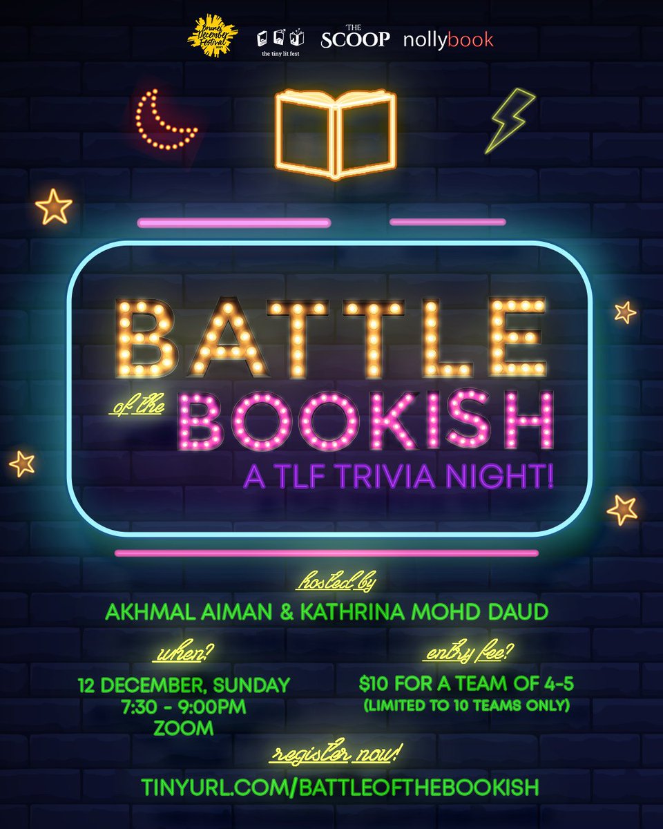 thetinylitfest's tweet photo. @AkhmalAiman_ and @katdakoo will be hosting "Battle of the Bookish" on the final night of TLF. Gather a team of 4-5 friends and join this virtual online group-based competition! It’s gonna get bookish… and bloody🤼

Register your teams here: https://t.co/AIugbrbZBi #LinkInBio https://t.co/su2PiBnzUk
