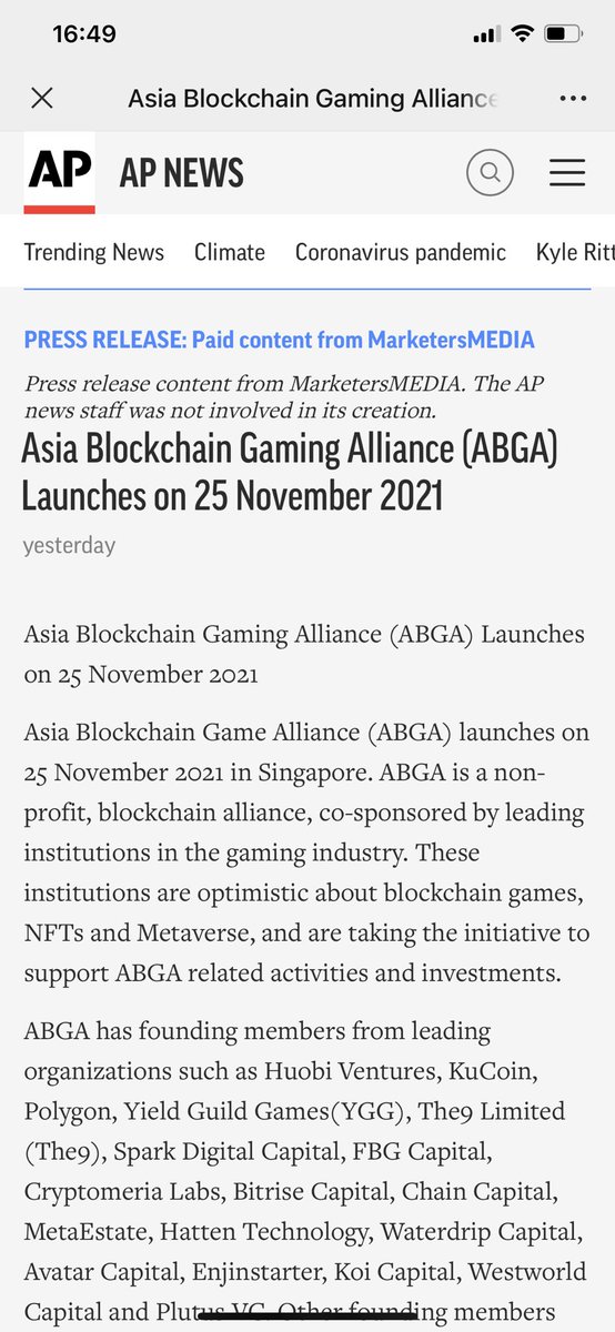 ABGA_Global's tweet photo. Thanks to the AP News for reporting on the establishment of ABGA🙏
#AboutABGA #AsiaBlockchainGamingAlliance #GameFi #BlockchainGaming #Metaverse #NFT 
https://t.co/bnTGasfzrH https://t.co/CyCgtH3IIO