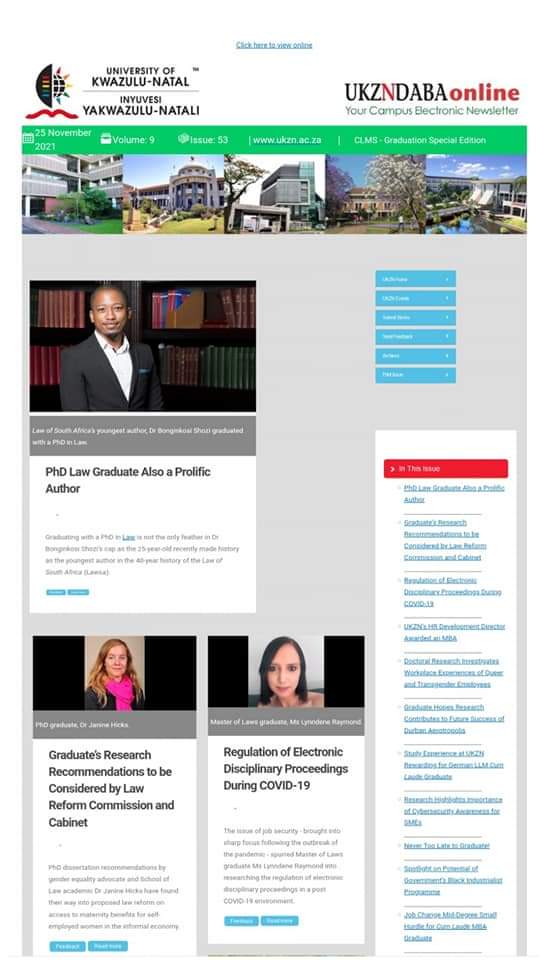 study_ukzn's tweet photo. Read the College of Law and Management Studies Spring Graduation publication here: https://t.co/02yWaDT3S8

#UKZNSpringGrad2021 https://t.co/eVG268HVSI
