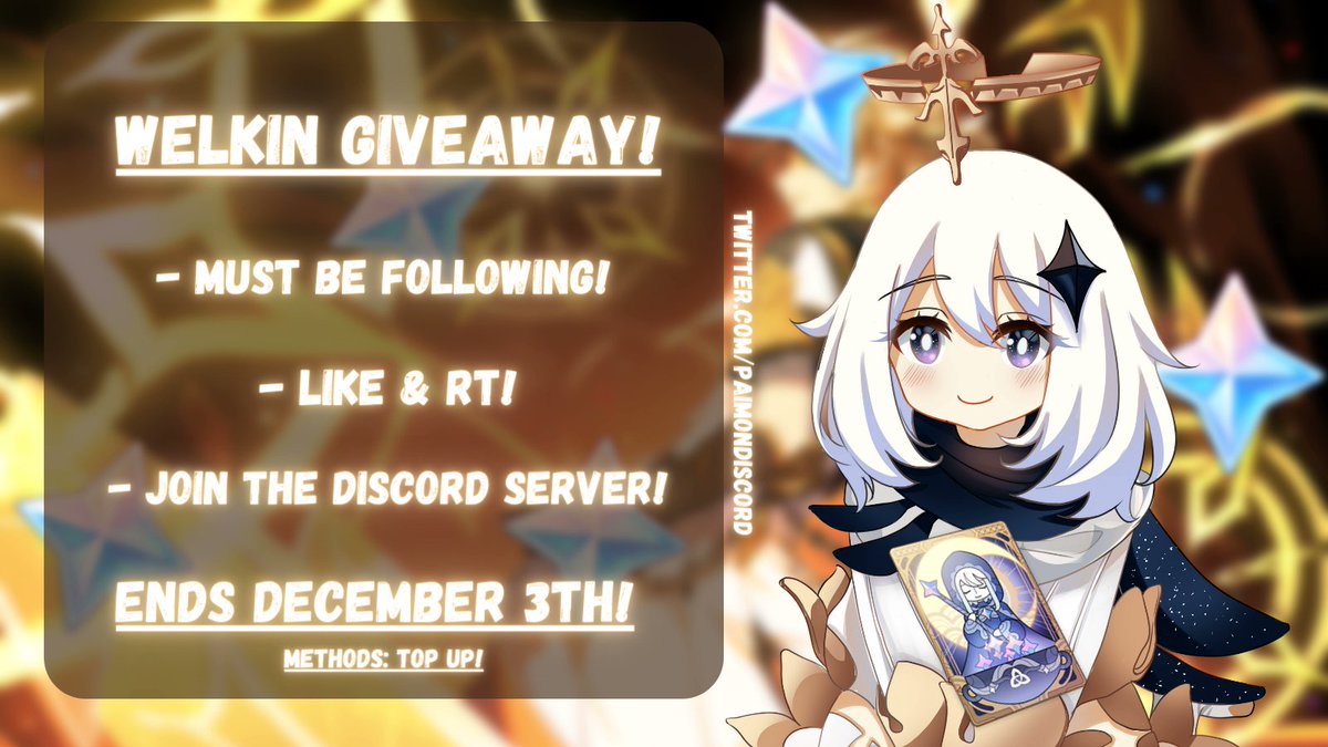 PaimonDiscord's tweet photo. ☄️WELKIN GIVEAWAY!☄️
Paimon thought it's time for a giveaway! She is giving away a Blessing of the Welkin Moon to 1 of you travelers!

- Must be following!
- Like + RT
- Join the Discord: https://t.co/wcSNWs6rzU

🌟Ends December 3th🌟

#GenshinImpact #genshingiveaway #genshintwt https://t.co/eOFQB56orJ