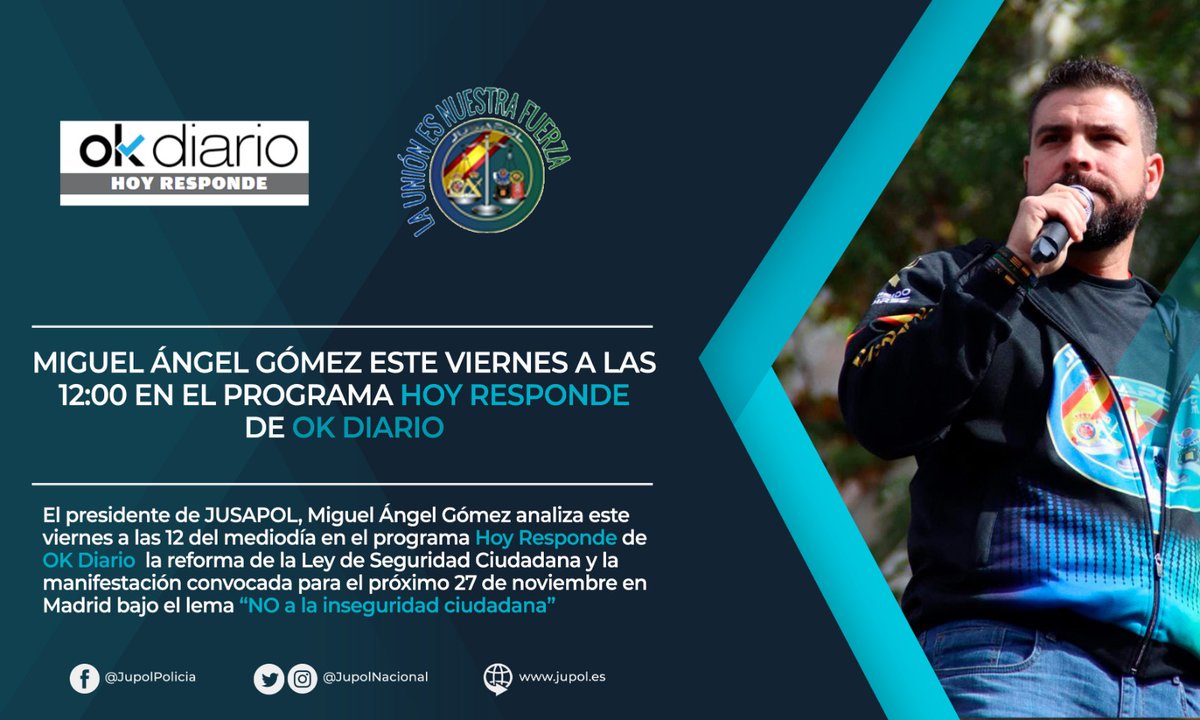 jusapol's tweet photo. 🎙12:00 Entrevista en @okdiario TV en el programa “HOY RESPONDE” Miguel Gómez @Miguel_Jusapol presidente Jusapol

👉🏻 #27NMadrid
👉🏻 #NoALaInseguridadCiudadana

#EquiparacionYa https://t.co/3fGINsObQu
